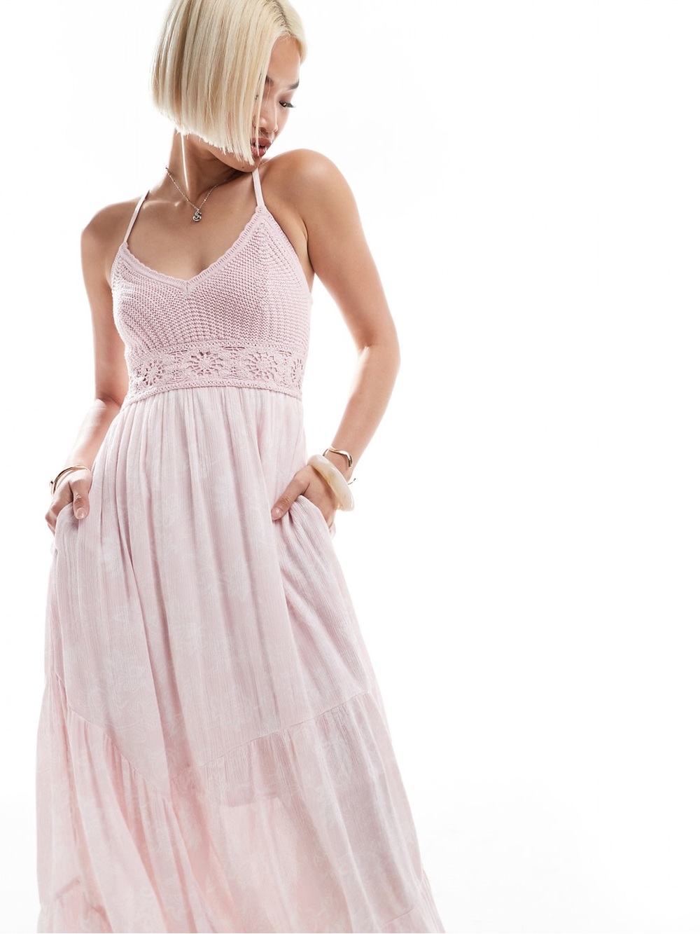 Hollister Crochet & Woven Maxi Dress with Handkerchief Hem (Pink Swirl, M)